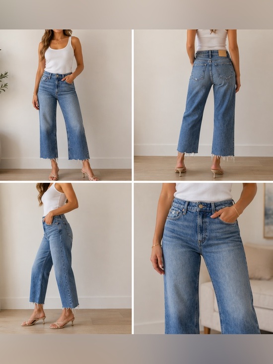 PAIGE Denim - PAIGE Cropped Wide Leg Jeans Raw Hem Distressed Medium Wash Size 26